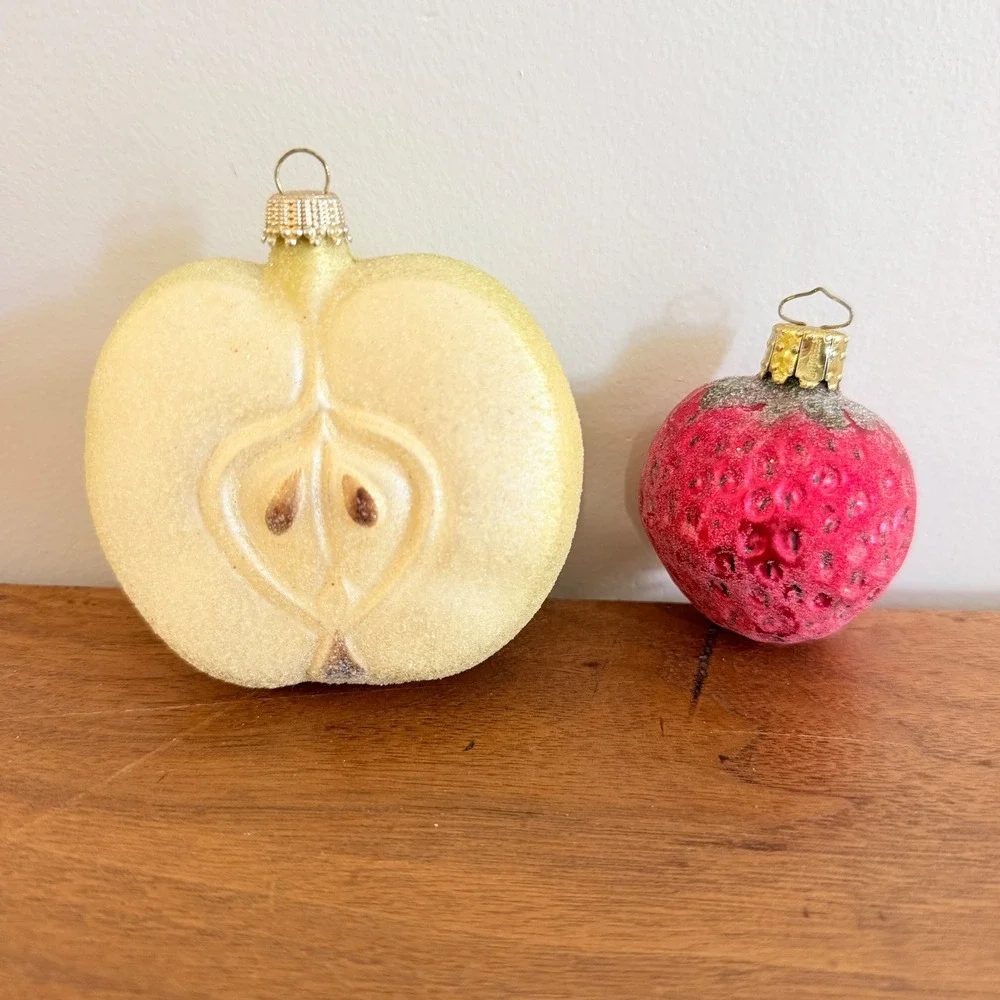 Pair German Glass Sugared Ornaments Krebs Sliced Apple Christborn  Strawberry